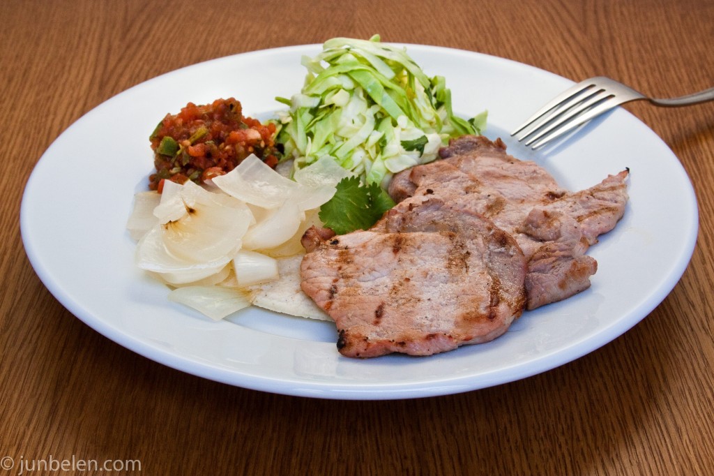 Poc Chuc with Grilled Onions, Cabbage, Habanero Salsa and Corn Tortillas